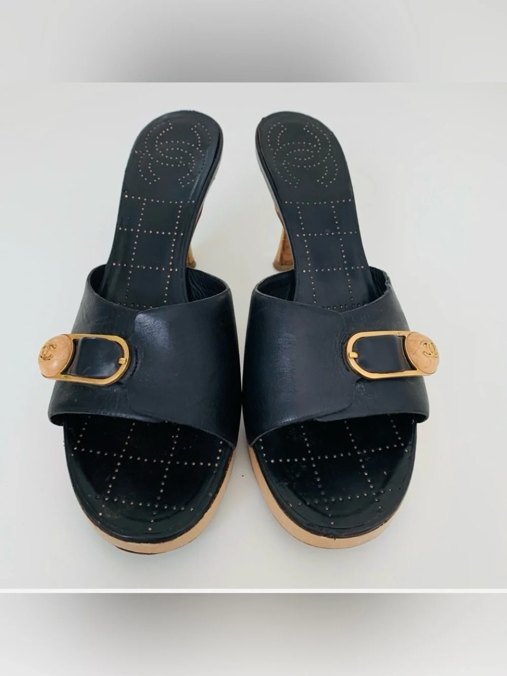 Authentic CHANEL Black Leather Slide Heels with Gold Insignia Accent. Sz: 9.5
